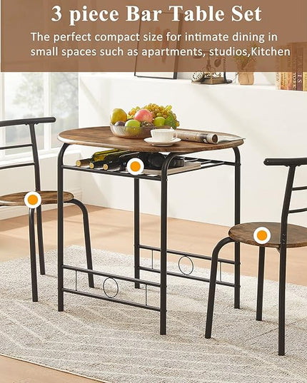 VECELO 3 Piece Small Round Dining Table Set for Kitchen Breakfast Nook, Wood Grain Tabletop with Wine Storage Rack, Save Space, 31.5", Antique & Black - LeafyLoom