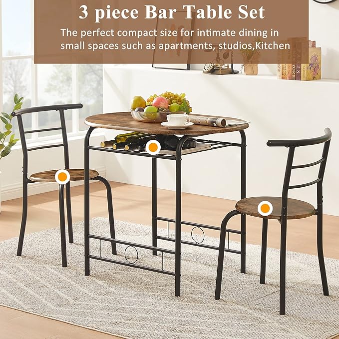VECELO 3 Piece Small Round Dining Table Set for Kitchen Breakfast Nook, Wood Grain Tabletop with Wine Storage Rack, Save Space, 31.5", Antique & Black - LeafyLoom