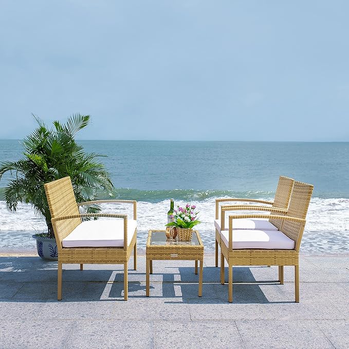 SAFAVIEH Outdoor Collection Bassey Natural/White Cushion 4-Piece Conversation Patio Set PAT7507D - LeafyLoom