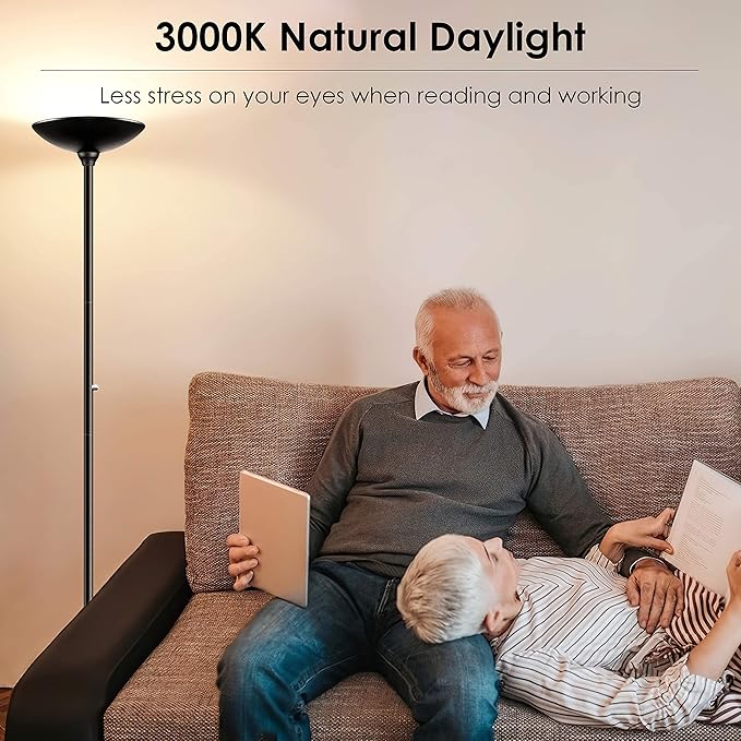 BoostArea Torchiere Floor Lamp, 24W Super Bright LED Standing Lamp, Stepless Dimmable Pole Lamp with 3000K Lighting, Rotary Switch, 70 Inch Tall Metal Modern Floor lamps for Living Room/Bedroom Black - LeafyLoom