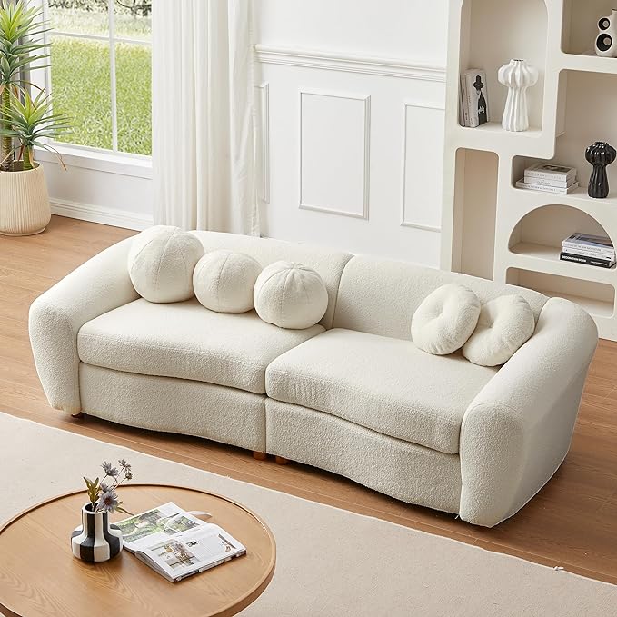 Seater Sofa&Couch Modern Cloud Curved Sofa Comfy Boucle Couch, Luxury 3 Teddy Fabric Upholstered Leisure Deap Seat Sectional Sofá with 5 Decorative Throw Pillows for Living Room, 87.7", Beige-338 - LeafyLoom