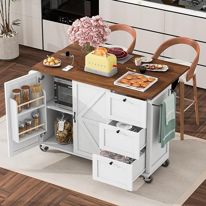 54.5" Farmhouse Island with Power Outlet & Drop Leaf, Rolling Kitchen Cart on Wheels w/Internal Storage, Spice, Towel Rack and Drawers, for Home, Dining Room, White, 54.5 Inch - LeafyLoom