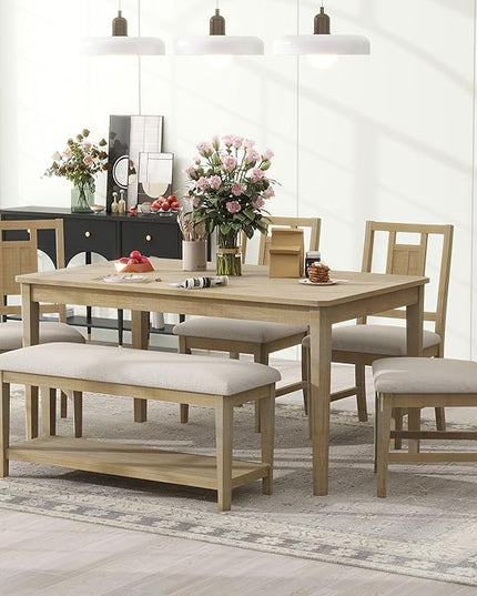 6-Piece Retro Dining Set with 4 upholstered Chairs, Counter Kitchen Suit W/Minimalist Wooden Table and 1 Shelf Bench, for Family Use, Easy to Install, Natural+Beige-1 - LeafyLoom