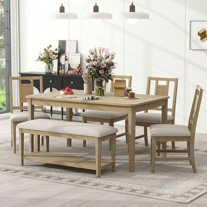 6-Piece Retro Dining Set with 4 upholstered Chairs, Counter Kitchen Suit W/Minimalist Wooden Table and 1 Shelf Bench, for Family Use, Easy to Install, Natural+Beige-1 - LeafyLoom