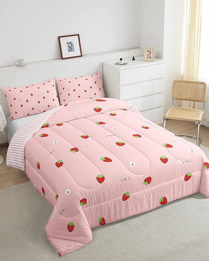 Girls Strawberry Comforter Set Twin Kawaii Strawberry Comforter For Kids Japanese Style Pink Cute Cartoon Fruit Food Theme Bedding Set Girly White Floral Down Comforter Reversible Soft Lightweight - LeafyLoom
