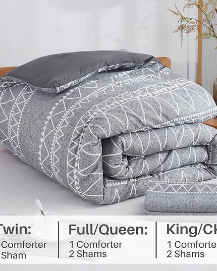Boho Grey Stirped Comforter Set Twin for Kids Adult, 2 PCS Reversible Bedding Set Gray Comforter with 1 Pillow Sham, Lightweight Breathable for All Seasons(Twin,66x90inches) - LeafyLoom