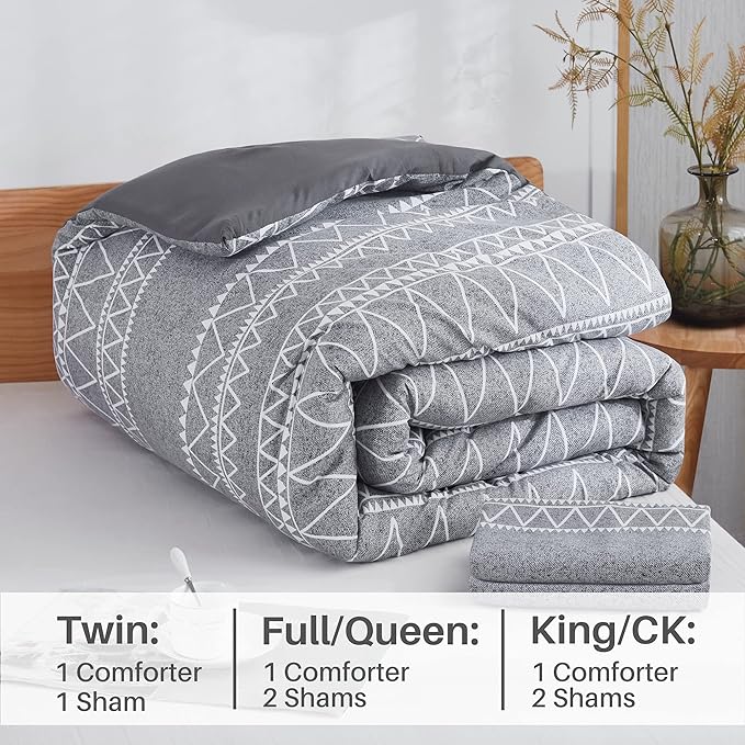 Boho Grey Stirped Comforter Set Twin for Kids Adult, 2 PCS Reversible Bedding Set Gray Comforter with 1 Pillow Sham, Lightweight Breathable for All Seasons(Twin,66x90inches) - LeafyLoom