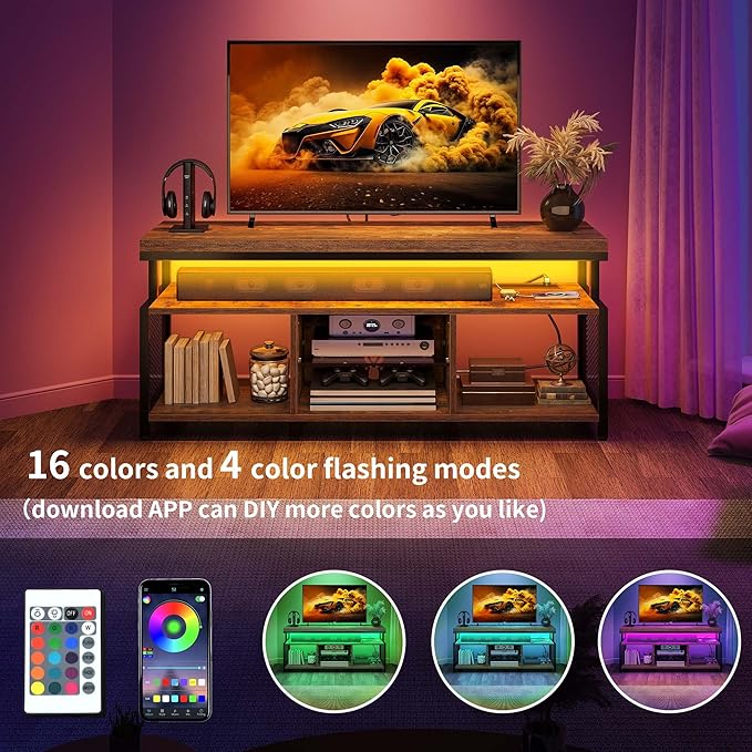 YITAHOME TV Stands for Living Room, Entertainment Center w/Power Outlets, Television Stands w/Open Storage, Small LED TV Stand for 50inch TV, Retro Brown - LeafyLoom