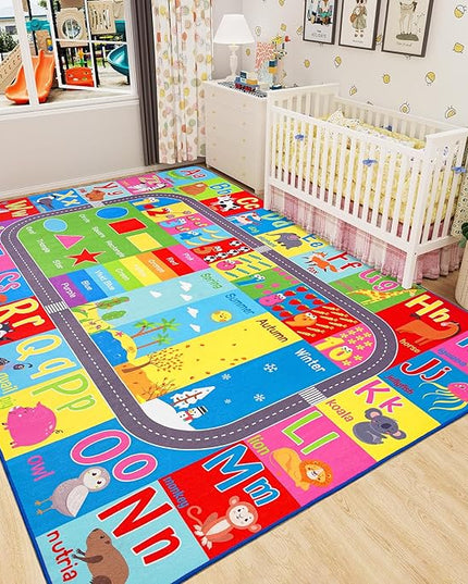 HOMORE Kids Educational Rug, 6x9 Kids Collection Area Rug for Learning Alphabet, Numbers, Colors, Season and Animal Words, Playmat for Classroom Playroom - LeafyLoom