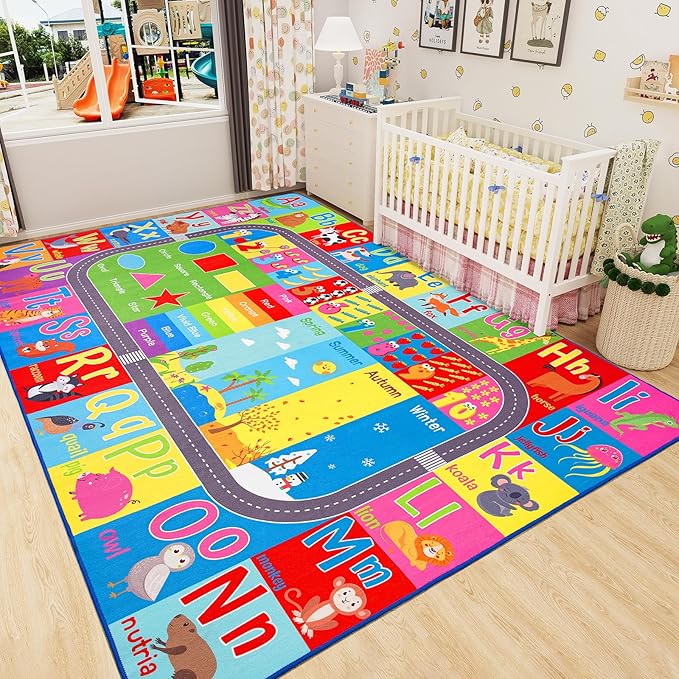 HOMORE Kids Educational Rug, 6x9 Kids Collection Area Rug for Learning Alphabet, Numbers, Colors, Season and Animal Words, Playmat for Classroom Playroom - LeafyLoom
