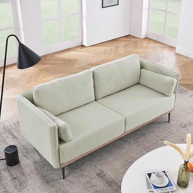 Modern Linen Upholstered 3-Seat Sofa Couch with Stainless Steel Trim and Metal Legs for Living Room, 2 Pillows Included, 72.83", Beige-119 - LeafyLoom