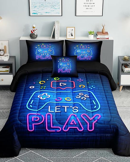 Gamer Comforter Sets,6 PCS Gaming Bedding Set for Boys,Kids Comforter Sets for Boys,Twin Comforter Sets for Boys,Bed in A Bag with Sheets(Twin,Blue Color) - LeafyLoom
