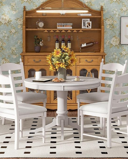 NicBex Round Dining Table Kitchen & Dining Room Tables 5-Piece Retro Functional Dining Table Set Wood Round Extendable Dining Table and 4 Upholstered Dining Chairs, Antique White - LeafyLoom