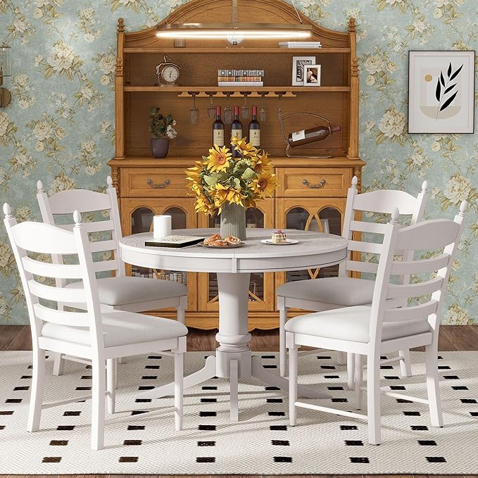 5 Pieces Kitchen & Dining 4 with Round Extendable Table and Four Upholstered Chairs, Retro Rustic Style Home Furniture Tαble Sets Breakfast Corner for Small Spaces, Living Room, Antique White - LeafyLoom