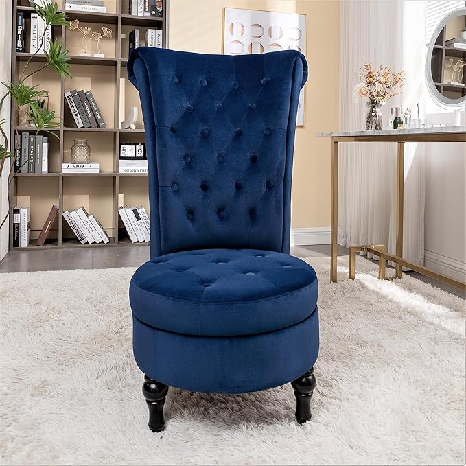 Royal High-Back Velvet Accent Chair for Vanity with Storage and Luxurious Upholstery, Retro Design and Versatile Usage for Living Room, Bedroom, Lounge and Office, Dark Blue - LeafyLoom