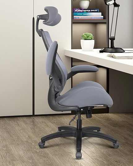 BOLISS 400lbs Ergonomic Mesh Office Chair, High Back Desk Chair - Adjustable Headrest with Flip-Up Arms, Tilt Function, Lumbar Support and Swivel Computer Task Chair-Grey - LeafyLoom