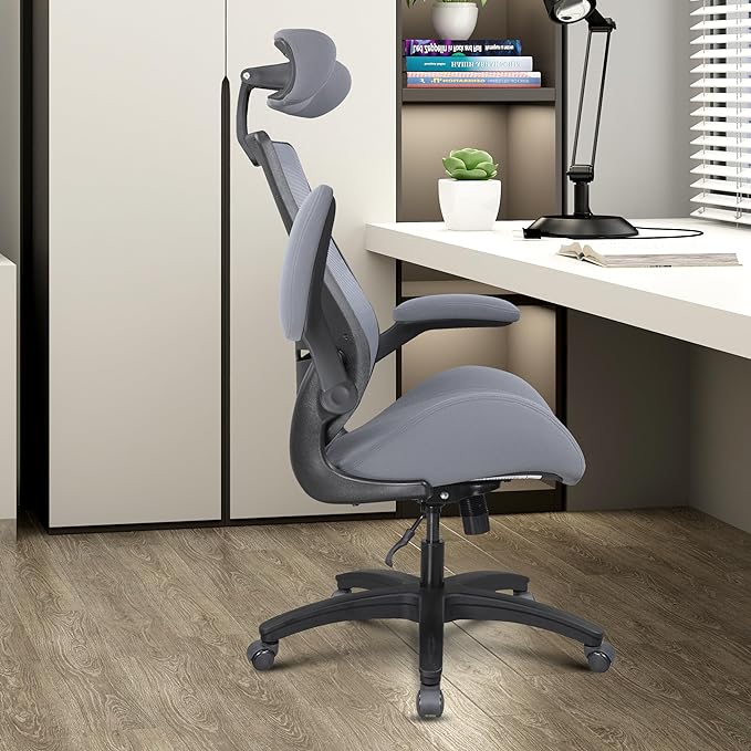 BOLISS 400lbs Ergonomic Mesh Office Chair, High Back Desk Chair - Adjustable Headrest with Flip-Up Arms, Tilt Function, Lumbar Support and Swivel Computer Task Chair-Grey - LeafyLoom