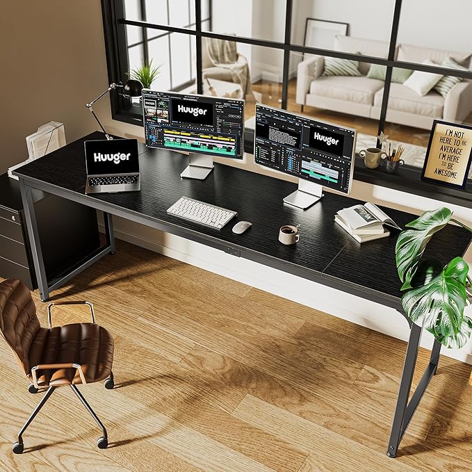 Computer Desk, 80 Inch Office Desk, Gaming Desk with Storage, Writing Desk Work Desk for Home Office, Study, Long Simple Desk, Large Legroom, Metal Frame, Black - LeafyLoom