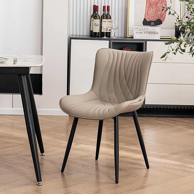 YOUTASTE Dining Chairs Set of 2 Upholstered Mid Century Modern Kitchen Dining Room Chairs Armless Faux Leather Accent Chairs Metal Vanity Lounge Chair with Back for Living Room Bedrooms,Khaki - LeafyLoom