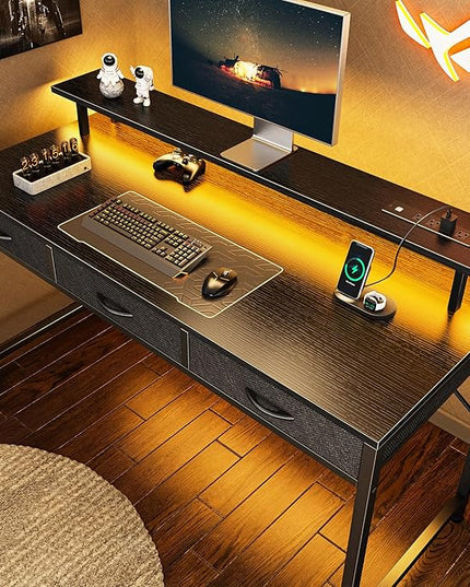 55 inch Computer Desk with 3 Drawers, Office Desk Gaming Desk with LED Lights & Power Outlets, Home Office Desks with Storage Space for Bedroom, Work from Home, Black - LeafyLoom