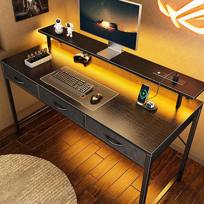 55 inch Computer Desk with 3 Drawers, Office Desk Gaming Desk with LED Lights & Power Outlets, Home Office Desks with Storage Space for Bedroom, Work from Home, Black - LeafyLoom