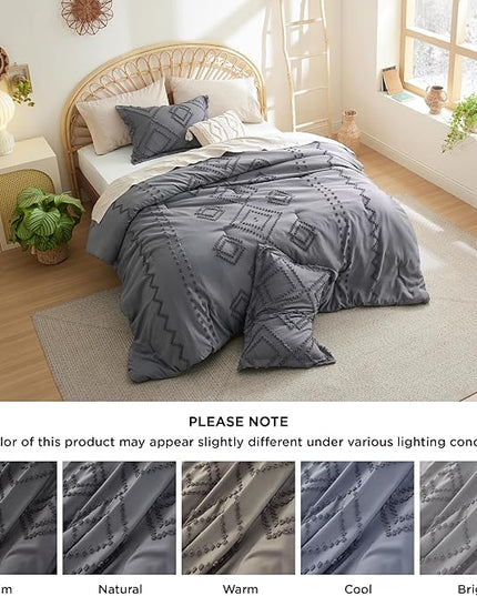 Bedsure Boho Comforter Set Queen - Dark Grey Tufted Bedding Comforter Set, 3 Pieces Farmhouse Shabby Chic Embroidery Bedding Set, Soft Geometric Pattern Comforter for All Seasons - LeafyLoom
