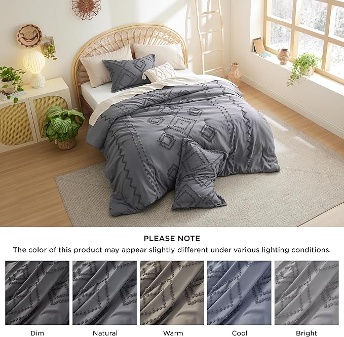 Bedsure Boho Comforter Set Queen - Dark Grey Tufted Bedding Comforter Set, 3 Pieces Farmhouse Shabby Chic Embroidery Bedding Set, Soft Geometric Pattern Comforter for All Seasons - LeafyLoom