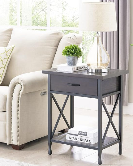 Leick Home 23022 Chisel & Forge One Drawer Nightstand with Shelf, Gray/Matte Black - LeafyLoom