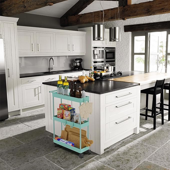 Simple Houseware Kitchen Cart Storage 3-Tier Slim/Super Narrow Shelves with Handle, 26.5'' Height/5.5'' Width for Narrow Place, Turquoise - LeafyLoom