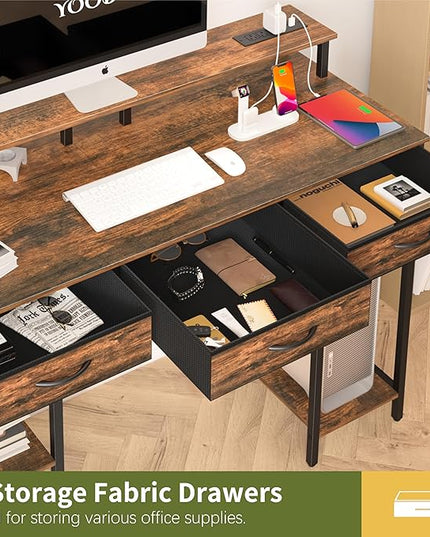 Yoobure Computer Desk with Drawers, Office Desk with LED Lights & Outlets, Small Desk with Storage Shelves, Gaming Desk 48" Home Office Desks with Monitor Stand, Writing Desk for Bedroom Small Spaces - LeafyLoom