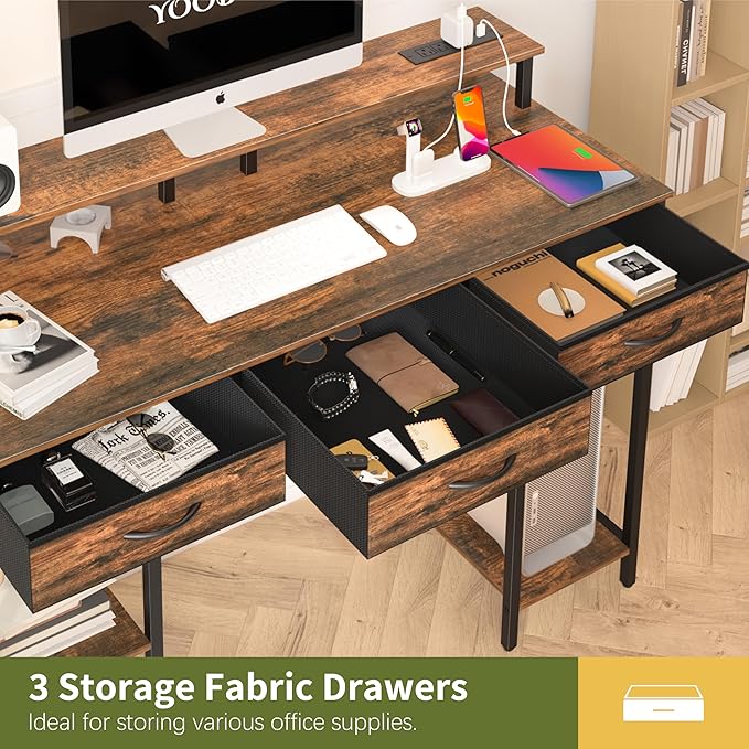 Yoobure Computer Desk with Drawers, Office Desk with LED Lights & Outlets, Small Desk with Storage Shelves, Gaming Desk 48" Home Office Desks with Monitor Stand, Writing Desk for Bedroom Small Spaces - LeafyLoom