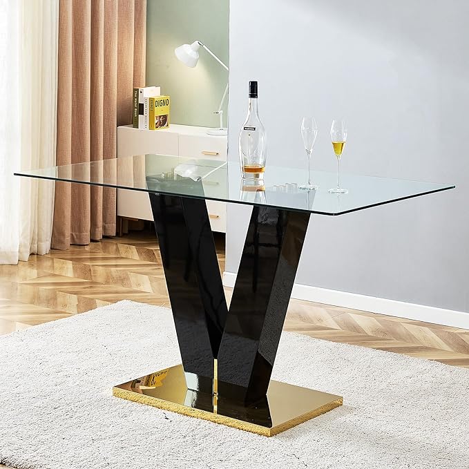 NicBex Large Modern Minimalist Rectangular Glass Dining Table for 6-8 with 0.4" Tempered Glass Tabletop and MDF Slab V-Shaped Bracket for Kitchen Dining Living Banquet Hall, Transparent - LeafyLoom
