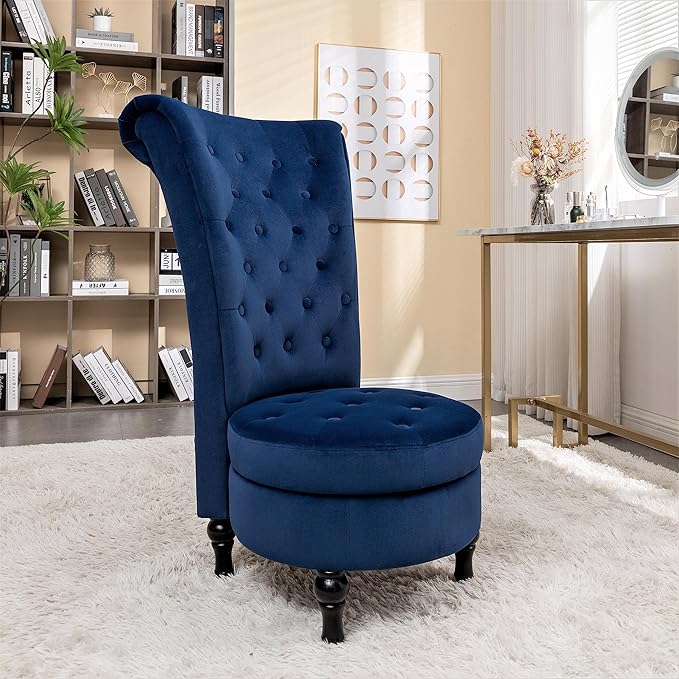 Royal High-Back Velvet Accent Chair for Vanity with Storage and Luxurious Upholstery, Retro Design and Versatile Usage for Living Room, Bedroom, Lounge and Office, Dark Blue - LeafyLoom