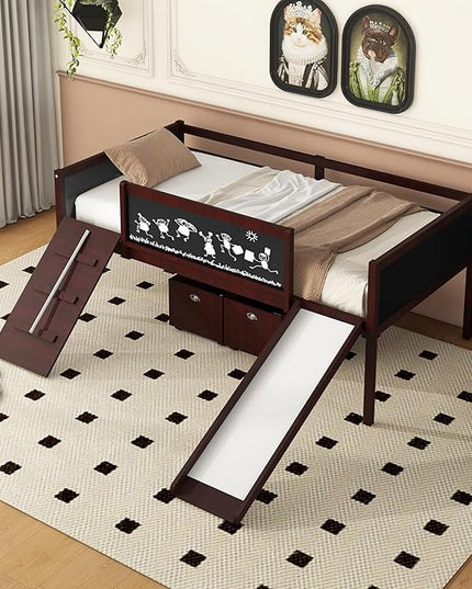 Twin Size Low Loft Bed with Slide and 2 Storage Boxes,Kids Low Loft Bed Frame with Climbing and Chalkboard,Solid Loft Bed Twin for Boys,Girls,Espresso - LeafyLoom