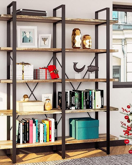 IRONCK Bookshelf, Double Wide 5-Tier Open Bookcase Vintage Industrial Large Shelves, Wood and Metal Etagere Bookshelves, for Home Decor Display, Office Furniture, 13D x 53.1W x 70H in - LeafyLoom