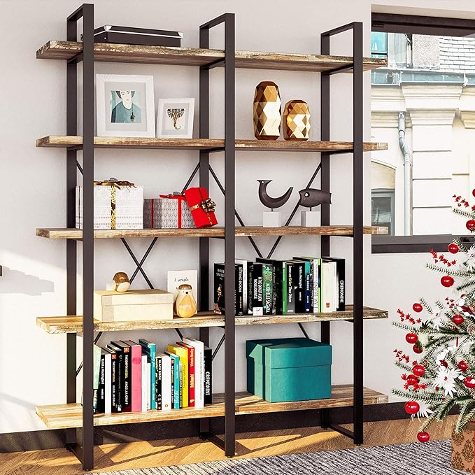 IRONCK Bookshelf, Double Wide 5-Tier Open Bookcase Vintage Industrial Large Shelves, Wood and Metal Etagere Bookshelves, for Home Decor Display, Office Furniture, 13D x 53.1W x 70H in - LeafyLoom