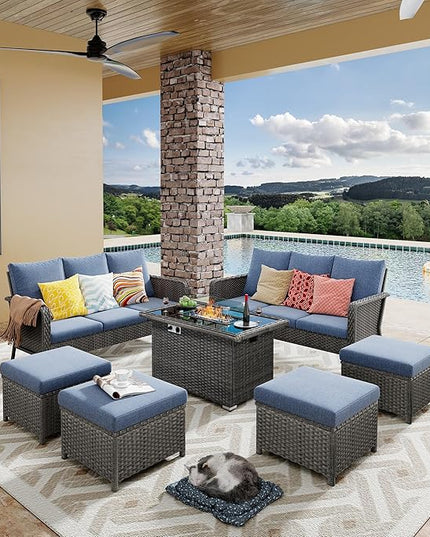 Yechen Patio Conversation Set 10 Seats with 44" Propane Gas Fire Pit Table - 7 Pcs Outdoor Wicker Furniture Set with Lid & Wind Shields - Sectional Sofa Set for Porch,Backyard - LeafyLoom