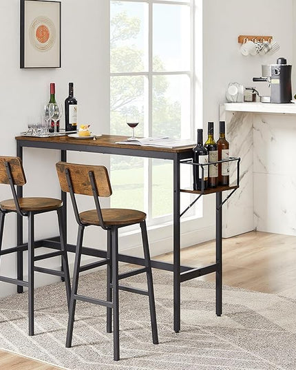 Dining Table Set for 2, Bar Table and Chairs Set, Industrial Counter Height Bar Table with Wine Rack, and 2 Stools with Backrest & Footrest, for Home, Kitchen, Bar, Small Space, Rustic Brown - LeafyLoom