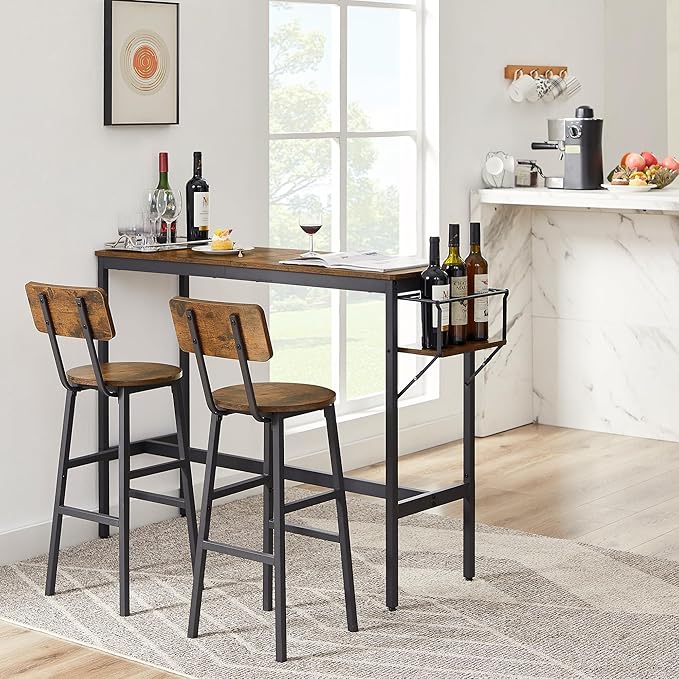 Dining Table Set for 2, Bar Table and Chairs Set, Industrial Counter Height Bar Table with Wine Rack, and 2 Stools with Backrest & Footrest, for Home, Kitchen, Bar, Small Space, Rustic Brown - LeafyLoom