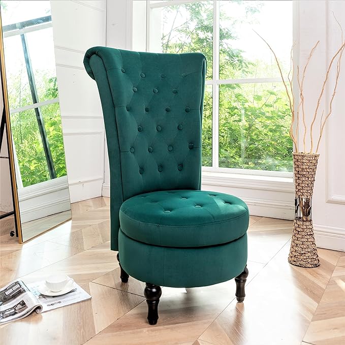 Royal High-Back Velvet Accent Chair for Vanity with Storage and Luxurious Upholstery, Retro Design and Versatile Usage for Living Room, Bedroom, Lounge and Office, Green - LeafyLoom