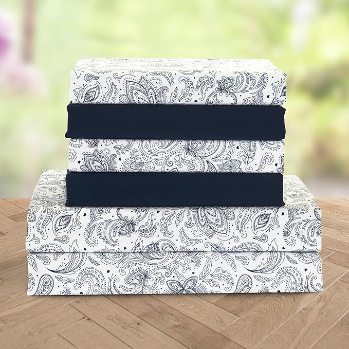 Elegant Comfort Softest and Coziest 4-Piece Sheet Set - 1500 Premium Hotel Quality Microfiber - Deep Pocket, Wrinkle Resistant 4-Piece Paisley Pattern Bed Sheet Set, Twin, Paisley Navy - LeafyLoom