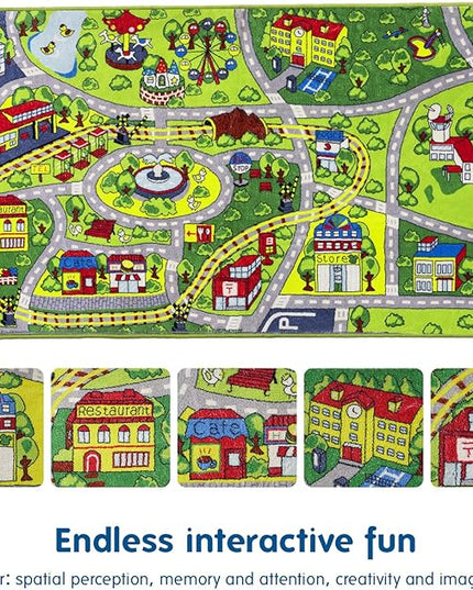 Booooom Jackson Car Mat for Kids Toy Cars,Soft Kids Play Rug,Non Slip Race Car Rug Car Play Mat,Road Rug,Train Rug,Washable Kids Rug for Bedroom Boys,Playroom,Preschool,Area Rug for Kids Room Cars - LeafyLoom