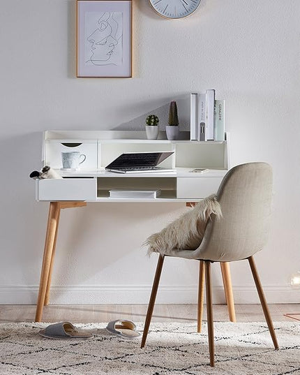 Teamson Home Creativo Writing Study Computer Desk with Solid Wood Legs, Storage Drawers and Open Shelves Hutch for Home Office Living Room Reading Bedroom, 37 inch Height, White - LeafyLoom