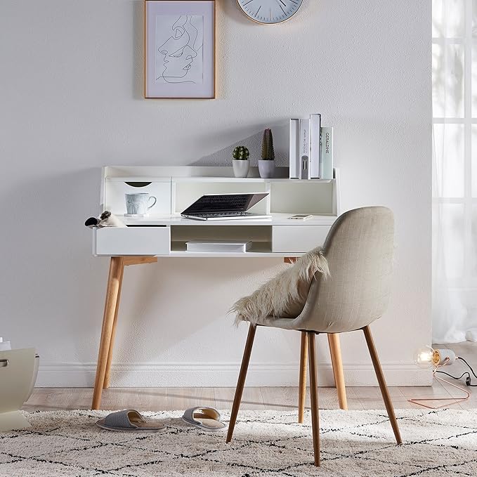 Teamson Home Creativo Writing Study Computer Desk with Solid Wood Legs, Storage Drawers and Open Shelves Hutch for Home Office Living Room Reading Bedroom, 37 inch Height, White - LeafyLoom