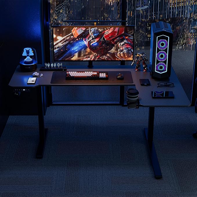 59" Reversiable L-Shaped Electric Standing Desk Adjustable Height Gaming Stand Up Corner Desk Sit Stand Home Office Computer Desk with Splice Board,Black Carbon Top - LeafyLoom