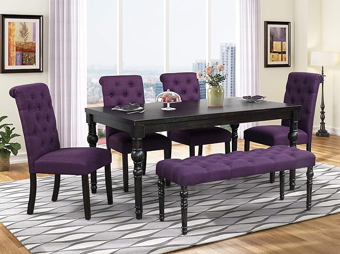 Roundhill Furniture Leviton Urban Style Dark Washed Wood Dining Set: Table, 4 Chairs and Bench, Purple - LeafyLoom