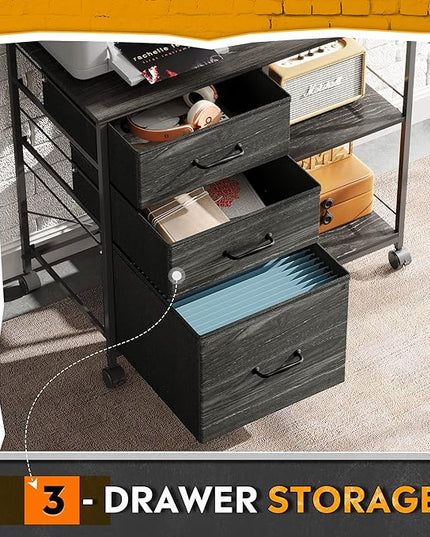 DEVAISE 3 Drawer Mobile File Cabinet, Rolling Printer Stand with Open Storage Shelf, Fabric Lateral Filing Cabinet fits A4 or Letter Size for Home Office, Charcoal Black Wood Grain Print - LeafyLoom