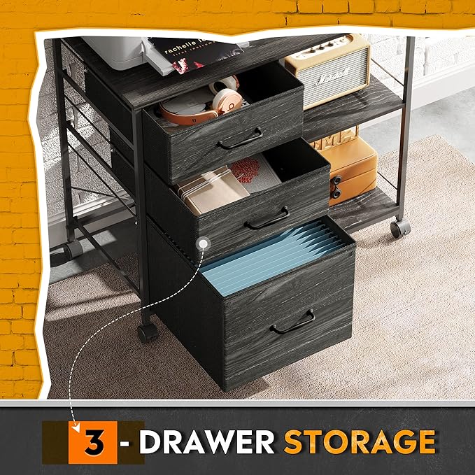 DEVAISE 3 Drawer Mobile File Cabinet, Rolling Printer Stand with Open Storage Shelf, Fabric Lateral Filing Cabinet fits A4 or Letter Size for Home Office, Charcoal Black Wood Grain Print - LeafyLoom