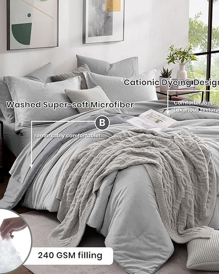 Monbix King Size Comforter Set, Grey King Size Bed Set Reversible, King Size Comforter Set 7 Pieces, Cationic Dyeing Bed in a Bag with Comforter, Sheets, Pillowcases & Shams - LeafyLoom