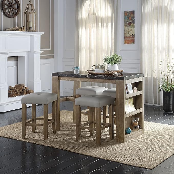 NicBex Dining Table Contemporary Kitchen Table with 2 Shelf Farmhouse Rustic Counter Heigh Table in Marble & Oak Finish with Storage Rectangular Dining Table, Easy Assembly, Oak - LeafyLoom